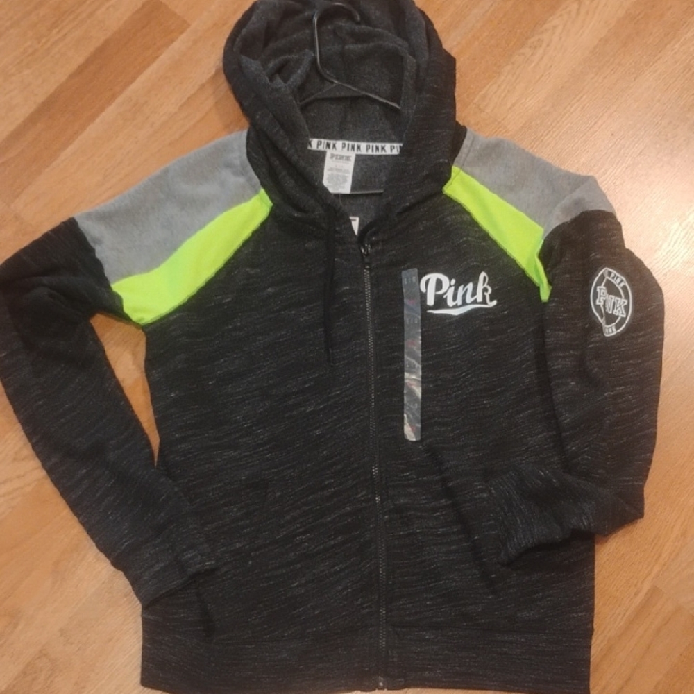 NWT PINK Victoria's Secret Kids Hoodie Black with Neon Green and Gray Size large